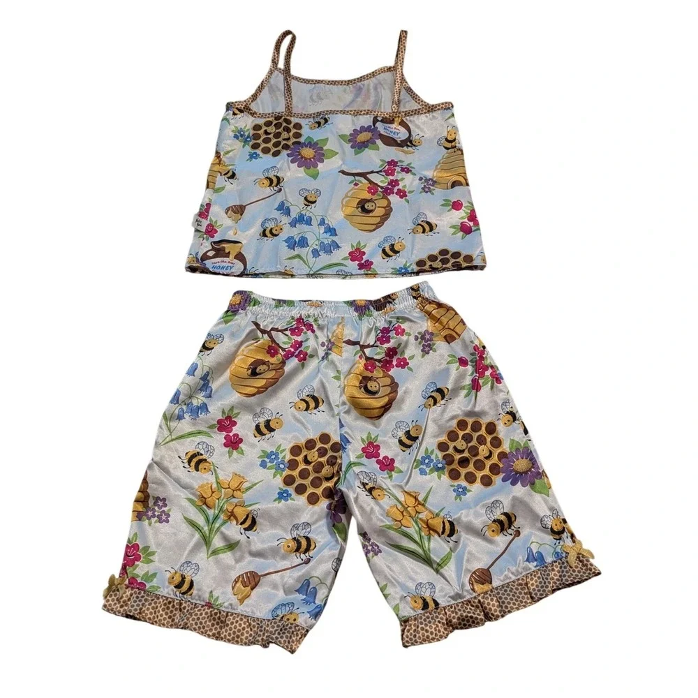 Y2K Nick & Nora Pajama Set Kid Sz 6X Save The Honeybee Satin Cami Shorts 2pc PJs